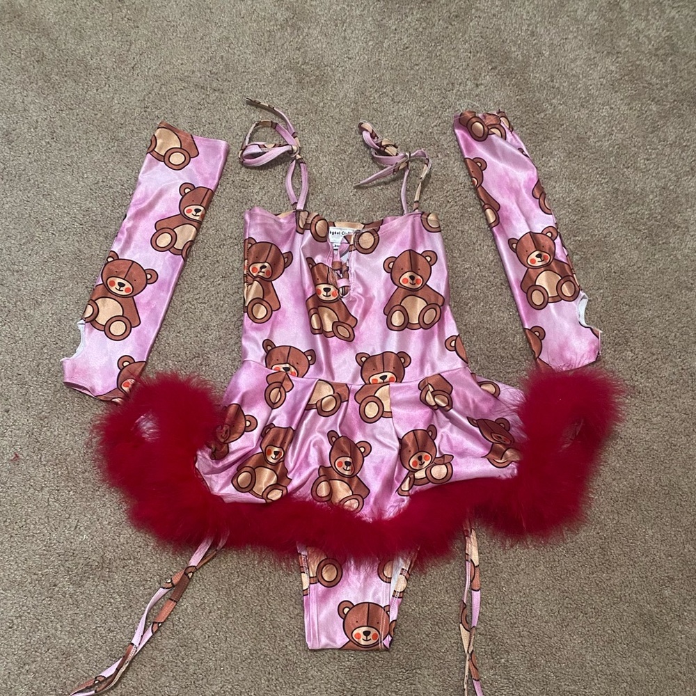 iHeartRaves Pink Teddy Print Costume with Red Feather Trim